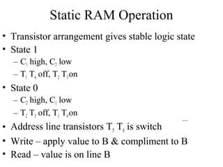 Static RAM Operation
• Transistor arrangement gives stable logic state
• State 1
– C1 high, C2 low
– T1 T4 off, T2 T3on
• State 0
– C2 high, C1 low
– T2 T3 off, T1 T4on
• Address line transistors T5 T6 is switch
• Write – apply value to B & compliment to B
• Read – value is on line B
 