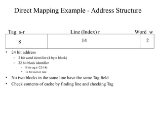 Direct Mapping Example - Address Structure
Tag s-r Line (Index) r Word w
8 14 2
• 24 bit address
– 2 bit word identifier (4 byte block)
– 22 bit block identifier
• 8 bit tag (=22-14)
• 14 bit slot or line
• No two blocks in the same line have the same Tag field
• Check contents of cache by finding line and checking Tag
 
