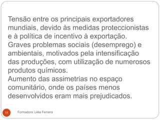 Tensão entre os principais exportadores
mundiais, devido às medidas proteccionistas
e à política de incentivo à exportação.
Graves problemas sociais (desemprego) e
ambientais, motivados pela intensificação
das produções, com utilização de numerosos
produtos químicos.
Aumento das assimetrias no espaço
comunitário, onde os países menos
desenvolvidos eram mais prejudicados.
Formadora: Lélia Ferreira11
 