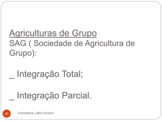 Agriculturas de Grupo
SAG ( Sociedade de Agricultura de
Grupo):
_ Integração Total;
_ Integração Parcial.
Formadora: Lélia Ferreira40
 