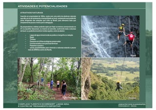 Inserida em propriedade de 160ha, conta com uma série de atrativos naturais
que dão um ar de isolamento e tranquilidade ao local, certamente será preferido
pelos dirigentes das seleções que virão ao Brasil, pois oferecerá mais que
simplesmente pouso e treino para a delegação.

Os preparadores e atletas poderão optar por fazer os treinos convencionais no
CT, ou escolher descansar, ou mesmo se exercitar, usufruindo toda a natureza
do local. Lá, poderão encontrar muitas opções, como as abaixo:

      –     Lagoa de água mineral onde se pratica o mergulho e a natação
      –     Rapel
      –     Tirolesa
      –     Passeios em trilhas ecológicas preservadas
      –     Concha acústica com piscinas térmicas
      –     Passeios a cavalo e
      –     outras possibilidades para vivenciar a natureza estando a pouco
          mais de 20KM do centro do Recife.


                                                                                    Rapel




                                                            Trilha Ecológica      Tirolesa
 