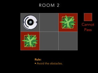 R O O M 2
Cannot
Pass
Rule:
• Avoid the obstacles.
 