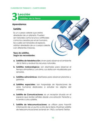 c. Satélites astronómicos: diseñados para observar planetas y
galaxias.
d. Satélites espaciales: son hospedaje de tripulaciones de
seres humanos dedicados a estudiar los objetos del
universo.
e. Satélite de Comunicaciones: es un receptor situado en el
espacio que recibe señales desde una estación Terrestre y
la emite a otro satélite.
de la tierra y evaluar los recursos naturales.
Aprendamos
Satélite
f. Satélite de telecomunicaciones: se utilizan para trasmitir
información de un punto a otro de la tierra. El primer satélite
de telecomunicaciones se lanzó en 1962 y se llamó Telstar.
CUADERNO DE TRABAJO 2 – CUARTO GRADO
10
Es un cuerpo celeste que orbita
alrededor de un planeta. Pueden
ser naturales como la luna o artificiales
como los creados por el ser humano,
los cuales son lanzados al espacio,
orbitan alrededor de un cuerpo celeste
con diferentes misiones.
Tipos de satélites,
Según las necesidades:
a. Satélites de teledetección: sirven para observar el ambiente
b. Satélites meteorológicos: son diseñados para observar el
tiempo atmosférico y el clima, sus datos son visualizados por
sensores.
 