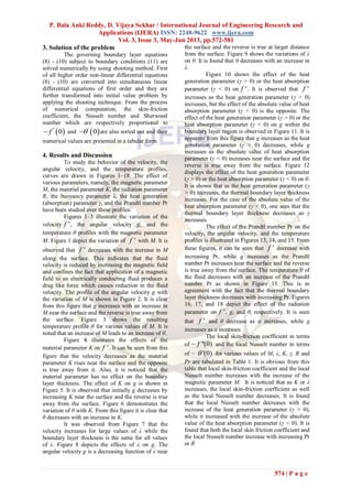 P. Bala Anki Reddy, D. Vijaya Sekhar / International Journal of Engineering Research and
Applications (IJERA) ISSN: 2248-9622 www.ijera.com
Vol. 3, Issue 3, May-Jun 2013, pp.572-581
574 | P a g e
3. Solution of the problem
The governing boundary layer equations
(8) - (10) subject to boundary conditions (11) are
solved numerically by using shooting method. First
of all higher order non-linear differential equations
(8) - (10) are converted into simultaneous linear
differential equations of first order and they are
further transformed into initial value problem by
applying the shooting technique. From the process
of numerical computation, the skin-friction
coefficient, the Nusselt number and Sherwood
number which are respectively proportional to
 ''
0f and  '
0 are also sorted out and their
numerical values are presented in a tabular form.
4. Results and Discussion
To study the behavior of the velocity, the
angular velocity, and the temperature profiles,
curves are drawn in Figures 1–18. The effect of
various parameters, namely, the magnetic parameter
M, the material parameter K, the radiation parameter
R, the buoyancy parameter λ, the heat generation
(absorption) parameter γ, and the Prandtl number Pr
have been studied over these profiles.
Figures 1–3 illustrate the variation of the
velocity 'f , the angular velocity g, and the
temperature θ profiles with the magnetic parameter
M. Figure 1 depict the variation of 'f with M. It is
observed that 'f decreases with the increase in M
along the surface. This indicates that the fluid
velocity is reduced by increasing the magnetic field
and confines the fact that application of a magnetic
field to an electrically conducting fluid produces a
drag like force which causes reduction in the fluid
velocity. The profile of the angular velocity g with
the variation of M is shown in Figure 2. It is clear
from this figure that g increases with an increase in
M near the surface and the reverse is true away from
the surface. Figure 3 shows the resulting
temperature profile θ for various values of M. It is
noted that an increase of M leads to an increase of θ.
Figure 4 illustrates the effects of the
material parameter K on 'f . It can be seen from this
figure that the velocity decreases as the material
parameter K rises near the surface and the opposite
is true away from it. Also, it is noticed that the
material parameter has no effect on the boundary
layer thickness. The effect of K on g is shown in
Figure 5. It is observed that initially g decreases by
increasing K near the surface and the reverse is true
away from the surface. Figure 6 demonstrates the
variation of θ with K. From this figure it is clear that
θ decreases with an increase in K.
It was observed from Figure 7 that the
velocity increases for large values of λ while the
boundary layer thickness is the same for all values
of λ. Figure 8 depicts the effects of λ on g. The
angular velocity g is a decreasing function of λ near
the surface and the reverse is true at larger distance
from the surface. Figure 9 shows the variations of λ
on θ. It is found that θ decreases with an increase in
λ.
Figure 10 shows the effect of the heat
generation parameter (γ > 0) or the heat absorption
parameter (γ < 0) on 'f . It is observed that 'f
increases as the heat generation parameter (γ > 0)
increases, but the effect of the absolute value of heat
absorption parameter (γ < 0) is the opposite. The
effect of the heat generation parameter (γ > 0) or the
heat absorption parameter (γ < 0) on g within the
boundary layer region is observed in Figure 11. It is
apparent from this figure that g increases as the heat
generation parameter (γ > 0) decreases, while g
increases as the absolute value of heat absorption
parameter (γ < 0) increases near the surface and the
reverse is true away from the surface. Figure 12
displays the effect of the heat generation parameter
(γ > 0) or the heat absorption parameter (γ < 0) on θ.
It is shown that as the heat generation parameter (γ
> 0) increases, the thermal boundary layer thickness
increases. For the case of the absolute value of the
heat absorption parameter (γ < 0), one sees that the
thermal boundary layer thickness decreases as γ
increases.
The effect of the Prandtl number Pr on the
velocity, the angular velocity, and the temperature
profiles is illustrated in Figures 13, 14, and 15. From
these figures, it can be seen that 'f decrease with
increasing Pr, while g increases as the Prandtl
number Pr increases near the surface and the reverse
is true away from the surface. The temperature θ of
the fluid decreases with an increase of the Prandtl
number Pr as shown in Figure 15. This is in
agreement with the fact that the thermal boundary
layer thickness decreases with increasing Pr. Figures
16, 17, and 18 depict the effect of the radiation
parameter on 'f , g, and θ, respectively. It is seen
that 'f and θ decrease as α increases, while g
increases as α increases.
The local skin-friction coefficient in terms
of − ''(0)f and the local Nusselt number in terms
of − '(0) for various values of M, λ, K, γ, R and
Pr are tabulated in Table 1. It is obvious from this
table that local skin-friction coefficient and the local
Nusselt number increases with the increase of the
magnetic parameter M. It is noticed that as K or λ
increases, the local skin-friction coefficient as well
as the local Nusselt number decreases. It is found
that the local Nusselt number decreases with the
increase of the heat generation parameter (γ > 0),
while it increased with the increase of the absolute
value of the heat absorption parameter (γ < 0). It is
found that both the local skin friction coefficient and
the local Nusselt number increase with increasing Pr
or R
 