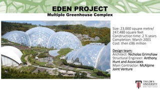 EDEN PROJECT
Multiple Greenhouse Complex
Size: 23,000 square metre/
247,480 square feet
Construction time: 2 ½ years
Completion: March 2001
Cost: then £86 million
Design team:
Architect: Nicholas Grimshaw
Structural Engineer: Anthony
Hunt and Associates
Main Contractor: McAlpine
Joint Venture
 