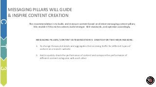 MESSAGING PILLARS WILL GUIDE
& INSPIRE CONTENT CREATION
C
T
3
The recommendation is to build, and measure content based on distinct messaging content pillars;
this enable CT3 to niche content, build stronger SEO standards, and optimize accordingly.
MESSAGING PILLARS/ CONTENT CATEGORIZATION IS CREATED FOR TWO MAIN REASONS:
1. To change the way GA labels and aggregates the incoming traffic for different types of
content on a brand’s website
1. And to quickly check the performance of content and compare the performance of
different content categories with each other
 