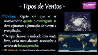 - Tipos de Ventos -
✓Ciclone: Região em que o ar
relativamente quente e convergente se
eleva e favorece a formação de nuvens e
precipitação.
✓Tempo chuvoso e nublado com vento
forte, estão normalmente associados a
centros de baixaspressões.
✓OBS:EfeitoCoriolis– CirculaçãoHoráriano Sule Anti-Horáriano Norte.
 