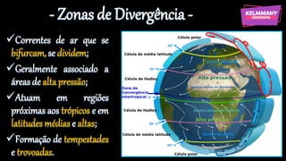 - Zonas de Divergência -
✓Correntes de ar que se
bifurcam, se dividem;
✓Geralmente associado a
áreas de altapressão;
✓Atuam em regiões
próximas aos trópicos e em
latitudesmédias e altas;
✓Formação de tempestades
e trovoadas.
 