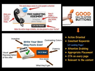Action Oriented
 Consitent Keywords


(of Landing Page)

Attention Grabbing
Appropriate Placement
 CTA on every page
 Relevant to the content



 