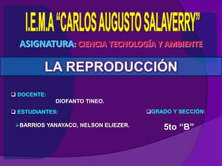  DOCENTE:
DIOFANTO TINEO.
LA REPRODUCCIÓN
 ESTUDIANTES:
BARRIOS YANAYACO, NELSON ELIEZER.
GRADO Y SECCIÓN:
5to “B”
 