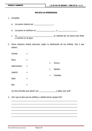 CIENCIA Y AMBIENTE                                   I. E. Nº 1182 “EL BOSQUE” – UGEL Nº 05 – S. J. L.



                                    APLICO LO APRENDIDO

1.   Completa:


     a.    Los peces respiran por ___________________.


     b.    Los peces se clasifican en ___________________ y ___________________.

     c.    La ___________________________________ es utilizada por los peces para flotar
           y hundirse en el agua.


2.   Ahora relaciona ambas columnas, según la clasificación de los anfibios. Hay 2 que
     sobran.


     Cecilias                   •


     Rana                       •
                                                     •     Anuros
     Salamandras                •
                                                     •     Ápodos
     Lagarto                    •
                                                     •     Urodelos
     Sapo                       •


     Boa                        •


     Los dos animales que sobran son ________________ y sabes ¿por qué?


3.   ¿Por qué se dice que los anfibios y reptiles tienen sangre fría?
     _________________________________________________________________
     _________________________________________________________________
     _________________________________________________________________
     _________________________________________________________________
     _________________________________________________________________
     _________________________________________________________________




Prof. Julio Tarazona Carrasco       Página 18
 