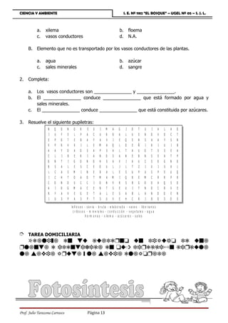 CIENCIA Y AMBIENTE                                                                         I. E. Nº 1182 “EL BOSQUE” – UGEL Nº 05 – S. J. L.



           a.    xilema                                                               b.         floema
           c.    vasos conductores                                                    d.         N.A.

     B. Elemento que no es transportado por los vasos conductores de las plantas.

           a.    agua                                                                 b.         azúcar
           c.    sales minerales                                                      d.         sangre

2.   Completa:

     a.    Los vasos conductores son _______________ y _______________.
     b.    El _______________ conduce _______________ que está formado por agua y
           sales minerales.
     c.    El _______________ conduce _______________ que está constituida por azúcares.

3.   Resuelve el siguiente pupiletras:
                  N    Q    O    N      O     R       E     S     I     M      A     G      J      O     T      U      I      A   L   A    O
                   I   U    F    E      L     P      A     C      U     R      R      A     L      U     E      N     O       V   D   C    T
                  E    P    O    T      E     B      A     F      A     V      J      E     Q      E     N      S     A       A   F   S    N
                  V    P    R    V      X      I     L     E      M     A      Q      L     D      E     Ñ       I    R       I   U    I   B
                  A    A    Y    O      A     O      S     A      P     S      A      L     T      A     U      O     T       S   S   E    A
                  C    L     I   B      E     R       I    A      N     O      S      A     N      E     B      N     S       E   A   T    P
                  O    N    T     I     G     O      N     O      H     S      A      V      I     A     U      C     S       O   G   N    O
                  B    S    A    L      E     S      C     E      O     U      L      J     L      T     Z       I    U       I   S   A    L
                  L    C    A    S      M      I     N      E     R     A      L      E     S      U     P     U      S       P   E   U    Q
                  I    C    H    T      O     A      O      T     M     A      M      I     Q      R     E     M      C       R   R   P    R
                  C    O    N    D      U     C      C      I     O     N      V      R     S      B     G     O      O       A   Q   S    O
                  A     I   O    G      M     A      C      E     N     T      S      E     U       I    T     N      O       C   R   V    E
                  R    F    A    V      E     G      E      T     A     L      E      S     A      B     L     A      N       D   O   E    N
                  I    U    S    P      A     S      P      T     S     U      V      E     H      C     R      I     B       O   S   O    S

                                      le ñ o s o s - s a v ia - b r u t a - e la b o r a d a - v a s o s - lib e r ia n o s
                                        c r ib o s o s - m in e r a le s - c o n d u c c ió n - v e g e t a le s - a g u a
                                                      h o r m o n a s - x ile m a - a z ú c a r e s - s a le s




È    TAREA DOMICILIARIA
  Ed`qh„` ds wx bx`cdÌst xs chaxit cd xs`
Ëq`sw` d hcdswhehb` ds ux³ chÌdbbh¸s bhÌbxq`
q` v`yh` aÌxw` ƒ q` v`yh` dq`atÌ`c`




Prof. Julio Tarazona Carrasco                         Página 13
 