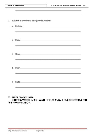 CIENCIA Y AMBIENTE                                      I. E. Nº 1182 “EL BOSQUE” – UGEL Nº 05 – S. J. L.

           _______________________________________________________________

           _______________________________________________________________


2.   Busca en el diccionario las siguientes palabras:

     a.    Embrión________________________________________________________

           ______________________________________________________________



     b.    Pistilo__________________________________________________________

           ______________________________________________________________



     c.    Óvulo__________________________________________________________

           ______________________________________________________________



     d.    Polen__________________________________________________________

           ______________________________________________________________



     e.    Fruto__________________________________________________________

           ______________________________________________________________




È    TAREA DOMICILIARIA
  6sydvwhf` ux³ vts f`rdwtv ƒ dvbÌµadqt ds
wx bx`cdÌst




Prof. Julio Tarazona Carrasco     Página 21
 
