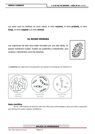 CIENCIA Y AMBIENTE                                           I. E. Nº 1182 “EL BOSQUE” – UGEL Nº 05 – S. J. L.




Los seres vivos se clasifican en cinco reinos: el reino monera, el reino protista, el reino
fungi, el reino vegetal y el reino animal.



                                EL REINO MONERA

Los organismos de este reino están formados por una sola célula, no
poseen membrana nuclear. Pueden ser autótrofos o heterótrofos. Azul
verdosa y heterótrofos como las bacterias.




Las bacterias son organismos muy pequeños casi siempre microscópicos. Se clasifican en:




           E s p ir a le s            B a s t o n c illo s            B a s t o n c illo s
          ( e s p ir ilo s )            ( b a c ilo s )                  (co co s)




Nota científica
        De las 1 300 especies de bacterias sólo unas 250 causan enfermedades y otras son útiles y necesarias
para fertilizar los suelos y elaborar antibióticos.




                                      APLICO LO APRENDIDO
Prof. Julio Tarazona Carrasco          Página 3
 