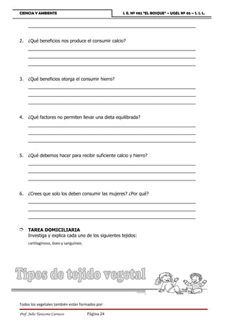 CIENCIA Y AMBIENTE                                  I. E. Nº 1182 “EL BOSQUE” – UGEL Nº 05 – S. J. L.


     ___________________________________________________________________


2.   ¿Qué beneficios nos produce el consumir calcio?
     ___________________________________________________________________
     ___________________________________________________________________
     ___________________________________________________________________


3.   ¿Qué beneficios otorga el consumir hierro?
     ___________________________________________________________________
     ___________________________________________________________________
     ___________________________________________________________________


4.   ¿Qué factores no permiten llevar una dieta equilibrada?
     ___________________________________________________________________
     ___________________________________________________________________
     ___________________________________________________________________


5.   ¿Qué debemos hacer para recibir suficiente calcio y hierro?
     ___________________________________________________________________
     ___________________________________________________________________
     ___________________________________________________________________


6.   ¿Crees que solo los deben consumir las mujeres? ¿Por qué?
     ___________________________________________________________________
     ___________________________________________________________________
     ___________________________________________________________________

È TAREA DOMICILIARIA
     Investiga y explica cada uno de los siguientes tejidos:
     cartilaginoso, óseo y sanguíneo.




Todos los vegetales también están formados por:

Prof. Julio Tarazona Carrasco           Página 24
 
