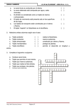 CIENCIA Y AMBIENTE                                         I. E. Nº 1182 “EL BOSQUE” – UGEL Nº 05 – S. J. L.


       a.     La savia bruta es conducida por el xilema.                                      (   )
       b.     La savia elaborada está compuesta por agua y sales                              (   )
              minerales.
       c.     El almidón es considerado como un tejido de reserva                             (   )
              o almacenador.
       d.     El tejido de crecimiento está presente solo en las superficies                  (   )
              de las hojas.
       e.     Los tejidos de transporte están constituidos por el xilema                      (   )
              y floema.
       f.     El tejido experto en fotosíntesis es el clorofiliano.                         (   )

2.   Relaciona ambas columnas según sea el caso:

    a.      Tejido   protector                 (   )         realiza la fotosíntesis.
    b.      Tejido   conductor                 (   )         reserva sustancias.
    c.      Tejido   almacenador               (   )         constituido por xilema y floema.
    d.      Tejido   meristemático             (   )         protege las plantas.
    e.      Tejido   clorofiliano              (   )         permite el desarrollo en longitud y
ancho.

3.   Completa el siguiente crucigrama:                                            a


     a.     Conduce savia bruta.
     b.     Tejido que permite el creci-miento.        c          e
     c.     Tejido que reserva sustancias.
     d.     Tejido que realiza la foto-síntesis.
                                                       b
     e.     Tejido que protege a las plantas.
     f.     Conduce savia elaborada.
                                                       d                  f




Prof. Julio Tarazona Carrasco          Página 27
 
