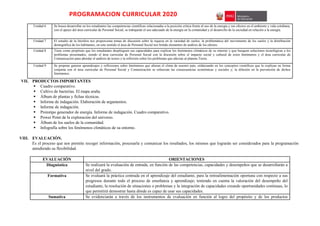 PROGRAMACION CURRICULAR 2020
Unidad 6 Se busca desarrollar en los estudiantes las competencias científicas relacionadas a la posición crítica frente al uso de la energía y sus efectos en el ambiente y vida cotidiana,
con el apoyo del área curricular de Personal Social, se trabajarán el uso adecuado de la energía en la comunidad y el desarrollo de la sociedad en relación a la energía.
Unidad 7 El estudio de la litósfera nos proporciona temas de discusión sobre la riqueza en la variedad de suelos, la problemática del movimiento de los suelos y la distribución
demográfica de los habitantes, en este sentido el área de Personal Social nos brinda elementos de análisis de los efectos.
Unidad 8 Tiene como propósito que los estudiantes desplieguen sus capacidades para explicar los fenómenos climáticos de su entorno y que busquen soluciones tecnológicas a los
problemas presentados, siendo el área curricular de Personal Social con la discusión sobre el impacto social y cultural de estos fenómenos y el área curricular de
Comunicación para abordar el análisis de textos y la reflexión sobre los problemas que afectan al planeta Tierra.
Unidad 9 Se propone generar aprendizajes y reflexiones sobre fenómenos que alteran el clima de nuestro país, enfatizando en los conceptos científicos que lo explican en forma
conjunta con el área curricular de Personal Social y Comunicación se refuerzan las consecuencias económicas y sociales y; la difusión en la prevención de dichos
fenómenos.
VII. PRODUCTOS IMPORTANTES
 Cuadro comparativo.
 Cultivo de bacterias. El mapa araña.
 Álbum de plantas y fichas técnicas.
 Informe de indagación. Elaboración de argumentos.
 Informe de indagación.
 Prototipo generador de energía. Informe de indagación. Cuadro comparativo.
 Power Point de la exploración del universo.
 Álbum de los suelos de la comunidad.
 Infografía sobre los fenómenos climáticos de su entorno.
VIII. EVALUACIÓN.
Es el proceso que nos permite recoger información, procesarla y comunicar los resultados, los mismos que lograrán ser considerados para la programación
atendiendo su flexibilidad.
EVALUACIÓN ORIENTACIONES
Diagnóstica Se realizará la evaluación de entrada, en función de las competencias, capacidades y desempeños que se desarrollarán a
nivel del grado.
Formativa Se evaluará la práctica centrada en el aprendizaje del estudiante, para la retroalimentación oportuna con respecto a sus
progresos durante todo el proceso de enseñanza y aprendizaje; teniendo en cuenta la valoración del desempeño del
estudiante, la resolución de situaciones o problemas y la integración de capacidades creando oportunidades continuas, lo
que permitirá demostrar hasta dónde es capaz de usar sus capacidades.
Sumativa Se evidenciarán a través de los instrumentos de evaluación en función al logro del propósito y de los productos
 