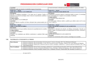 PROGRAMACION CURRICULAR 2020
Actividad:
Elabora un cuadro que muestre el contenido de agua en las personas.
A través de internet, solicitarles que elaboren modelos de cada tipo de células.
Sesión 3/6 (….. horas)
Título: DE LO SIMPLE A LO COMPLEJO
Sesión 4/6 (….. horas)
Título: UN ENIGMA PARA RESOLVER
Desempeño:
Describe el problema tecnológico y las causas que lo generan. Explica su
alternativa de solución tecnológica sobre la base de conocimientos científicos o
prácticas locales.
Campo temático:
DE LOS SIMPLE A LO COMPLEJO
Actividad:
Pedir que elaboren un gráfico de barras utilizando datos proporcionados por el
profesor.
Desempeño:
Fundamenta su posición respecto a situaciones donde la ciencia y la tecnología
son cuestionadas por su impacto en la sociedad y el ambiente.
Campo temático:
UN ENIGMA PARA RESOLVER
Actividad:
En forma grupal, elaboran carteles y pedirles que señalen cuales son los seres
vivos y cuales no.
Sesión 5/6 (….. horas)
Título: UN MUNDO INVISIBLE
Sesión 6/6 (….. horas)
Título: MICROORGANISMOS EN LOS ALIMENTOS
Desempeño:
Plantea hipótesis en las que establece relaciones de causalidad entre las variables.
Campo temático:
UN MUNDO INVISIBLE
Actividad:
Proponer a los estudiantes que elaboren conclusiones si podemos beber agua
estancada.
Desempeño:
Representa su alternativa de solución, con dibujos estructurados. Describe sus
partes o etapas, la secuencia de pasos, sus características de forma y estructura y
su función.
Campo temático:
MICROORGANISMOS EN LOS ALIMENTOS
Actividad:
Exponen sus conclusiones sobre la ciencia y tecnología en la sociedad.
VIII. MATERIALES A UTILIZAR EN LA UNIDAD:
Para el docente  Ministerio de Educación. Rutas del aprendizaje. Fascículo general 4. Ciencia y Tecnología. 2013. Lima. Ministerio de Educación.
 Ministerio de Educación. Rutas del aprendizaje .VI ciclo. Área Curricular de Ciencia, Tecnología y Ambiente. 2015. Lima. Ministerio de Educación
 Ministerio de Educación. Manual para el docente del libro de Ciencia, Tecnología y Ambiente de 1.er
grado de Educación Secundaria. 2012. Lima.
Grupo Editorial Norma
Para el estudiante  Ministerio de Educación. Libro de Ciencia, Tecnología y Ambiente de 1.er
grado de Educación Secundaria. 2012. Lima. Grupo Editorial Norma.
 Ministerio de Educación. Guía para el estudiante del Módulo de Ciencia Tecnología y Ambiente-Investiguemos 1. 2012. Lima. El Comercio S.A.
 Ministerio de Educación. Ciencia, Tecnología y Ambiente. Serie 1: Estudiantes. Fascículo 2: Biodiversidad. 2007. San Borja. El Comercio S.A.
………………………., …. de marzo del 20…. _____________________________________
DOCENTE
 