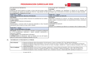 PROGRAMACION CURRICULAR 2020
UN CRUSTÁCEO DIFERENTE.
Actividad:
Organizar una visita al jardín de su colegio o al área verde más cercana y pedir a
los estudiantes que registren los animales que observan. Luego plasmar sus datos
en un papelógrafo y compartirlos en el aula.
UNA CLASE MUY NUMEROSA
Actividad:
Pedir a los estudiantes que identifiquen la función de los miembros del
hormiguero que se mencionan en la lectura y que elaboren un mapa conceptual.
Sesión 3/5 (….. horas)
Título: PROTOTIPO DE CRIANZA INTEGRADA
Sesión 4/5 (….. horas)
Título: SALVEMOS AL MANATÍ.
Desempeño:
Plantea hipótesis en las que establece relaciones de causalidad entre las variables.
Campo temático:
PROTOTIPO DE CRIANZA INTEGRADA
Actividad:
Forman grupos y conversan sobre los situaciones planteadas en clase, buscando
información sobre el tema en revistas, libros e internet.
Desempeño:
Representa su alternativa de solución, con dibujos estructurados. Describe sus
partes o etapas, la secuencia de pasos, sus características de forma y estructura y
su función.
Campo temático:
SALVEMOS AL MANATÍ.
Actividad:
Proponer a los estudiantes que elaboren un comentario sobre el maltrato animal.
Sesión 5/5 (….. horas)
Título: LOS MAMÍFEROS OVÍPAROS
Desempeño: Sustenta si sus conclusiones responden a la pregunta de indagación
y si los procedimientos, mediciones y ajustes realizados contribuyeron a
demostrar su hipótesis.
Campo temático: LOS MAMÍFEROS OVÍPAROS.
Actividad:Amplían la información sobre los animales más raros del mundo a
partir de la observación de fotografías obtenidas en la web.
IX. MATERIALES A UTILIZAR EN LA UNIDAD:
Para el docente  Ministerio de Educación. Rutas del aprendizaje. Fascículo general 4. Ciencia y Tecnología. 2013. Lima. Ministerio de Educación.
 Ministerio de Educación. Rutas del aprendizaje .VI ciclo. Área Curricular de Ciencia, Tecnología y Ambiente. 2015. Lima. Ministerio de Educación
 Ministerio de Educación. Manual para el docente del libro de Ciencia, Tecnología y Ambiente de 1.er
grado de Educación Secundaria. 2012. Lima.
Grupo Editorial Norma
Para el estudiante  Ministerio de Educación. Libro de Ciencia, Tecnología y Ambiente de 1.er
grado de Educación Secundaria. 2012. Lima. Grupo Editorial Norma.
 Ministerio de Educación. Guía para el estudiante del Módulo de Ciencia Tecnología y Ambiente-Investiguemos 1. 2012. Lima. El Comercio S.A.
 Ministerio de Educación. Ciencia, Tecnología y Ambiente. Serie 1: Estudiantes. Fascículo 2: Biodiversidad. 2007. San Borja. El Comercio S.A.
………………………., …. de marzo del 20…… _____________________________________
DOCENTE
 