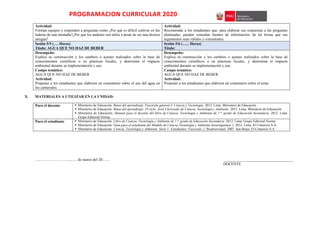 PROGRAMACION CURRICULAR 2020
Actividad:
Forman equipos y responden a preguntas como ¿Por qué es difícil cultivar en las
laderas de una montaña?¿Por qué los andenes son útiles a pesar de ser una técnica
antigua?
Actividad:
Recomendar a los estudiantes que, para elaborar sus respuestas a las preguntas
planteadas, pueden consultar fuentes de información, de tal forma que sus
argumentos sean válidos y consistentes.
Sesión 5/5 (…. Horas)
Título: AGUA QUE NO HAZ DE BEBER
Sesión 5/6 (…... Horas)
Título:
Desempeño:
Explica su construcción y los cambios o ajustes realizados sobre la base de
conocimientos científicos o en prácticas locales, y determina el impacto
ambiental durante su implementación y uso.
Campo temático:
AGUA QUE NO HAZ DE BEBER
Actividad:
Proponer a los estudiantes que elaboren un comentario sobre el uso del agua en
los carnavales.
Desempeño:
Explica su construcción y los cambios o ajustes realizados sobre la base de
conocimientos científicos o en prácticas locales, y determina el impacto
ambiental durante su implementación y uso.
Campo temático:
AGUA QUE NO HAZ DE BEBER
Actividad:
Proponer a los estudiantes que elaboren un comentario sobre el tema.
X. MATERIALES A UTILIZAR EN LA UNIDAD:
Para el docente  Ministerio de Educación. Rutas del aprendizaje. Fascículo general 4. Ciencia y Tecnología. 2013. Lima. Ministerio de Educación.
 Ministerio de Educación. Rutas del aprendizaje .VI ciclo. Área Curricular de Ciencia, Tecnología y Ambiente. 2015. Lima. Ministerio de Educación
 Ministerio de Educación. Manual para el docente del libro de Ciencia, Tecnología y Ambiente de 1.er
grado de Educación Secundaria. 2012. Lima.
Grupo Editorial Norma
Para el estudiante  Ministerio de Educación. Libro de Ciencia, Tecnología y Ambiente de 1.er
grado de Educación Secundaria. 2012. Lima. Grupo Editorial Norma.
 Ministerio de Educación. Guía para el estudiante del Módulo de Ciencia Tecnología y Ambiente-Investiguemos 1. 2012. Lima. El Comercio S.A.
 Ministerio de Educación. Ciencia, Tecnología y Ambiente. Serie 1: Estudiantes. Fascículo 2: Biodiversidad. 2007. San Borja. El Comercio S.A.
………………………., …. de marzo del 20…… _____________________________________
DOCENTE
 