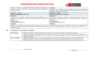 PROGRAMACION CURRICULAR 2020
Indicar que, en equipo, los estudiantes desarrollen las preguntas planteadas en su
cuaderno. Es necesario monitorear y atender consultas, dudas o dificultades que
se puedan presentar.
Actividad:
Recomendar a los estudiantes que, para elaborar sus respuestas a las preguntas
planteadas, pueden consultar fuentes de información, de tal forma que sus
argumentos sean válidos y consistentes.
Sesión 5/6 (…. Horas)
Título: LA MATERIA SE RECICLA
Sesión 6/6 (…. Horas)
Título: LA BASURA TECNOLÓGICA
Desempeño:
Sustenta si sus conclusiones responden a la pregunta de indagación, y si los
procedimientos, mediciones y ajustes realizados contribuyeron a demostrar su
hipótesis.
Campo temático:
LA MATERIA SE RECICLA
Actividad:
Proponer a los estudiantes que escriban un cuento corto acerca de la vida de las
estrellas, para ello se recomendará formar equipos y pedirles que anoten sus ideas
y luego las expongan.
Desempeño:
Representa su alternativa de solución, con dibujos estructurados. Describe sus
partes o etapas, la secuencia de pasos, sus características de forma y estructura y
su función
Campo temático:
LA BASURA TECNOLÓGICA
Actividad:
En una lámina, observa cómo se distribuyen la oscuridad y la claridad en cada
hemisferio, luego, describe que sucede con los polos norte y sur en cada caso.
VIII. MATERIALES A UTILIZAR EN LA UNIDAD:
Para el docente  Ministerio de Educación. Rutas del aprendizaje. Fascículo general 4. Ciencia y Tecnología. 2013. Lima. Ministerio de Educación.
 Ministerio de Educación. Rutas del aprendizaje .VI ciclo. Área Curricular de Ciencia, Tecnología y Ambiente. 2015. Lima. Ministerio de Educación
 Ministerio de Educación. Manual para el docente del libro de Ciencia, Tecnología y Ambiente de 1.er
grado de Educación Secundaria. 2012. Lima.
Grupo Editorial Norma
Para el estudiante  Ministerio de Educación. Libro de Ciencia, Tecnología y Ambiente de 1.er
grado de Educación Secundaria. 2012. Lima. Grupo Editorial Norma.
 Ministerio de Educación. Guía para el estudiante del Módulo de Ciencia Tecnología y Ambiente-Investiguemos 1. 2012. Lima. El Comercio S.A.
 Ministerio de Educación. Ciencia, Tecnología y Ambiente. Serie 1: Estudiantes. Fascículo 2: Biodiversidad. 2007. San Borja. El Comercio S.A.
………………………., …. de marzo del 20…….. _____________________________________
DOCENTE
 