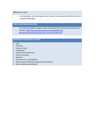 Cierre (10 minutos)
 Los estudiantes, de manera grupal, dan a conocer las semejanzas y diferencias de las
muestras observadas.
TAREA PARA TRABAJAR EN CASA
Los estudiantesdebenaveriguarcuálesson laspartesdel microscopiocompuestoysus
cuidados:http://www.perueduca.pe/recursosedu/objetos-de-
aprendizaje/secundaria/cta/usos-del-microscopio/index.html
MATERIALES O RECURSOS A UTILIZAR
 Lupa
 Plumones
 Tarjetasu hojas
 Papelógrafo
 Cuadernode experiencias
 Kitde microscopía
 Muestras
 Láminasporta- y cubreobjetos.
 Reactivosparateñircélulas(lugol,azul de metileno)
 Anexo:practica experimental
 