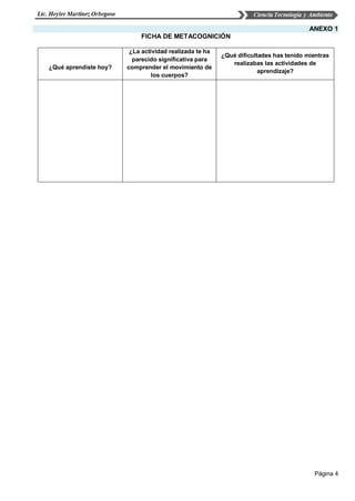 Página 4
ANEXO 1
FICHA DE METACOGNICIÓN
¿Qué aprendiste hoy?
¿La actividad realizada te ha
parecido significativa para
comprender el movimiento de
los cuerpos?
¿Qué dificultades has tenido mientras
realizabas las actividades de
aprendizaje?
 