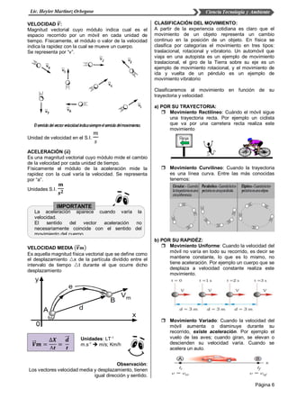 Página 6
VELOCIDAD 𝑽⃗⃗ :
Magnitud vectorial cuyo módulo indica cual es el
espacio recorrido por un móvil en cada unidad de
tiempo. Físicamente, el módulo o valor de la velocidad
indica la rapidez con la cual se mueve un cuerpo.
Se representa por “v”.
Unidad de velocidad en el S.I.
𝑚
𝑠
ACELERACIÓN (𝒂⃗⃗ )
Es una magnitud vectorial cuyo módulo mide el cambio
de la velocidad por cada unidad de tiempo.
Físicamente el módulo de la aceleración mide la
rapidez con la cual varía la velocidad. Se representa
por “a”.
Unidades S.I.
𝒎
𝒔 𝟐
VELOCIDAD MEDIA (𝑽⃗⃗ 𝒎)
Es aquella magnitud física vectorial que se define como
el desplazamiento x de la partícula dividido entre el
intervalo de tiempo t durante el que ocurre dicho
desplazamiento
Observación:
Los vectores velocidad media y desplazamiento, tienen
igual dirección y sentido.
CLASIFICACIÓN DEL MOVIMIENTO:
A partir de la experiencia cotidiana es claro que el
movimiento de un objeto representa un cambio
continuo en la posición de un objeto. En física se
clasifica por categorías el movimiento en tres tipos:
traslacional, rotacional y vibratorio. Un automóvil que
viaja en una autopista es un ejemplo de movimiento
traslacional, el giro de la Tierra sobre su eje es un
ejemplo de movimiento rotacional, y el movimiento de
ida y vuelta de un péndulo es un ejemplo de
movimiento vibratorio
Clasificaremos al movimiento en función de su
trayectoria y velocidad:
a) POR SU TRAYECTORIA:
 Movimiento Rectilíneo: Cuándo el móvil sigue
una trayectoria recta. Por ejemplo un ciclista
que va por una carretera recta realiza este
movimiento
 Movimiento Curvilíneo: Cuando la trayectoria
es una línea curva. Entre las más conocidas
tenemos:
b) POR SU RAPIDÉZ:
 Movimiento Uniforme: Cuando la velocidad del
móvil no varía en todo su recorrido, es decir se
mantiene constante, lo que es lo mismo, no
tiene aceleración. Por ejemplo un cuerpo que se
desplaza a velocidad constante realiza este
movimiento.
 Movimiento Variado: Cuando la velocidad del
móvil aumenta o disminuye durante su
recorrido, existe aceleración. Por ejemplo el
vuelo de las aves; cuando giran, se elevan o
descienden su velocidad varía. Cuando se
acelera un auto.
La aceleración aparece cuando varía la
velocidad.
El sentido del vector aceleración no
necesariamente coincide con el sentido del
movimiento del cuerpo.
IMPORTANTE
Unidades: LT-1
m.s-1
 m/s; Km/h𝑽⃗⃗ 𝒎 =
∆𝑿
∆𝒕
=
𝒅⃗⃗
𝒕
 