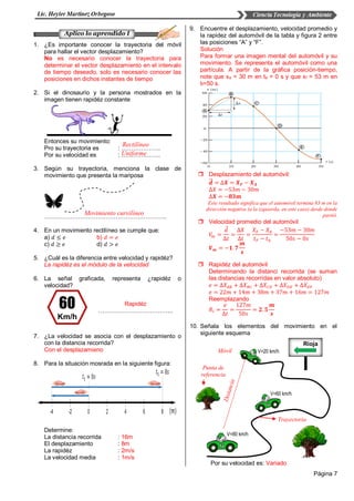 Página 7
1. ¿Es importante conocer la trayectoria del móvil
para hallar el vector desplazamiento?
No es necesario conocer la trayectoria para
determinar el vector desplazamiento en el intervalo
de tiempo deseado, solo es necesario conocer las
posiciones en dichos instantes de tiempo
2. Si el dinosaurio y la persona mostrados en la
imagen tienen rapidéz constante
Entonces su movimiento:
Pro su trayectoria es : ………………..
Por su velocidad es : ………………..
3. Según su trayectoria, menciona la clase de
movimiento que presenta la mariposa
……………………………………………………..
4. En un movimiento rectilíneo se cumple que:
a) 𝑑 ≤ 𝑒 b) 𝑑 = 𝑒
c) 𝑑 ≥ 𝑒 d) 𝑑 > 𝑒
5. ¿Cuál es la diferencia entre velocidad y rapidéz?
La rapidéz es el módulo de la velocidad
6. La señal graficada, representa ¿rapidéz o
velocidad?
Rapidéz
………………………………..
7. ¿La velocidad se asocia con el desplazamiento o
con la distancia recorrida?
Con el desplazamieno
8. Para la situación mosrada en la siguiente figura:
Determine:
La distancia recorrida : 16m
El desplazamiento : 8m
La rapidéz : 2m/s
La velocidad media : 1m/s
9. Encuentre el desplazamiento, velocidad promedio y
la rapidez del automóvil de la tabla y figura 2 entre
las posiciones “A” y “F”.
Solución
Para formar una imagen mental del automóvil y su
movimiento. Se representa el automóvil como una
partícula. A partir de la gráfica posición-tiempo,
note que xa = 30 m en ta = 0 s y que xf = 53 m en
tf=50 s.
 Desplazamiento del automóvil:
𝒅⃗⃗ = ∆𝑿 = 𝑿 𝑭 − 𝑿 𝑨
∆𝑋 = −53𝑚 − 30𝑚
∆𝑿 = −𝟖𝟑𝒎
Este resultado significa que el automóvil termina 83 m en la
dirección negativa (a la izquierda, en este caso) desde donde
partió.
 Velocidad promedio del automóvil
𝑉𝑚 =
𝑑
∆𝑡
=
∆𝑋
∆𝑡
=
𝑋 𝐹 − 𝑋𝐴
𝑡 𝐹 − 𝑡 𝐴
=
−53𝑚 − 30𝑚
50𝑠 − 0𝑠
𝑽 𝒎 = −𝟏. 𝟕
𝒎
𝒔
 Rapidéz del automóvil
Determinando la distanci recorrida (se suman
las distancias recorridas en valor absoluto)
𝑒 = ∆𝑋𝐴𝐵 + ∆𝑋 𝐵𝐶 + ∆𝑋 𝐶𝐷 + ∆𝑋 𝐷𝐸 + ∆𝑋 𝐸𝐹
𝑒 = 22𝑚 + 14𝑚 + 38𝑚 + 37𝑚 + 16𝑚 = 127𝑚
Reemplazando
𝑅𝑙 =
𝑒
∆𝑡
=
127𝑚
50𝑠
= 𝟐. 𝟓
𝒎
𝒔
10. Señala los elementos del movimiento en el
siguiente esquema
Por su velocidad es: Variado
Aplico lo aprendido I
Movimiento curvilíneo
Rectilíneo
Uniforme
Rioja
V=80 km/h
V=60 km/h
V=20 km/hMóvil
Trayectoria
Punta de
referencia
 