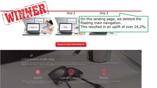 On this landing page, we deleted the
floating main navigation.
This resulted in an uplift of over 24,2%.
 