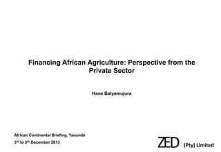 Financing African Agriculture: Perspective from the
Private Sector

Hans Balyamujura

African Continental Briefing, Yaoundé
3rd to 5th December 2013

 
