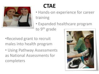 CTAE
               • Hands-on experience for career
               training
               • Expanded healthcare program
               to 9th grade

•Received grant to recruit
males into health program
• Using Pathway Assessments
as National Assessments for
completers
 