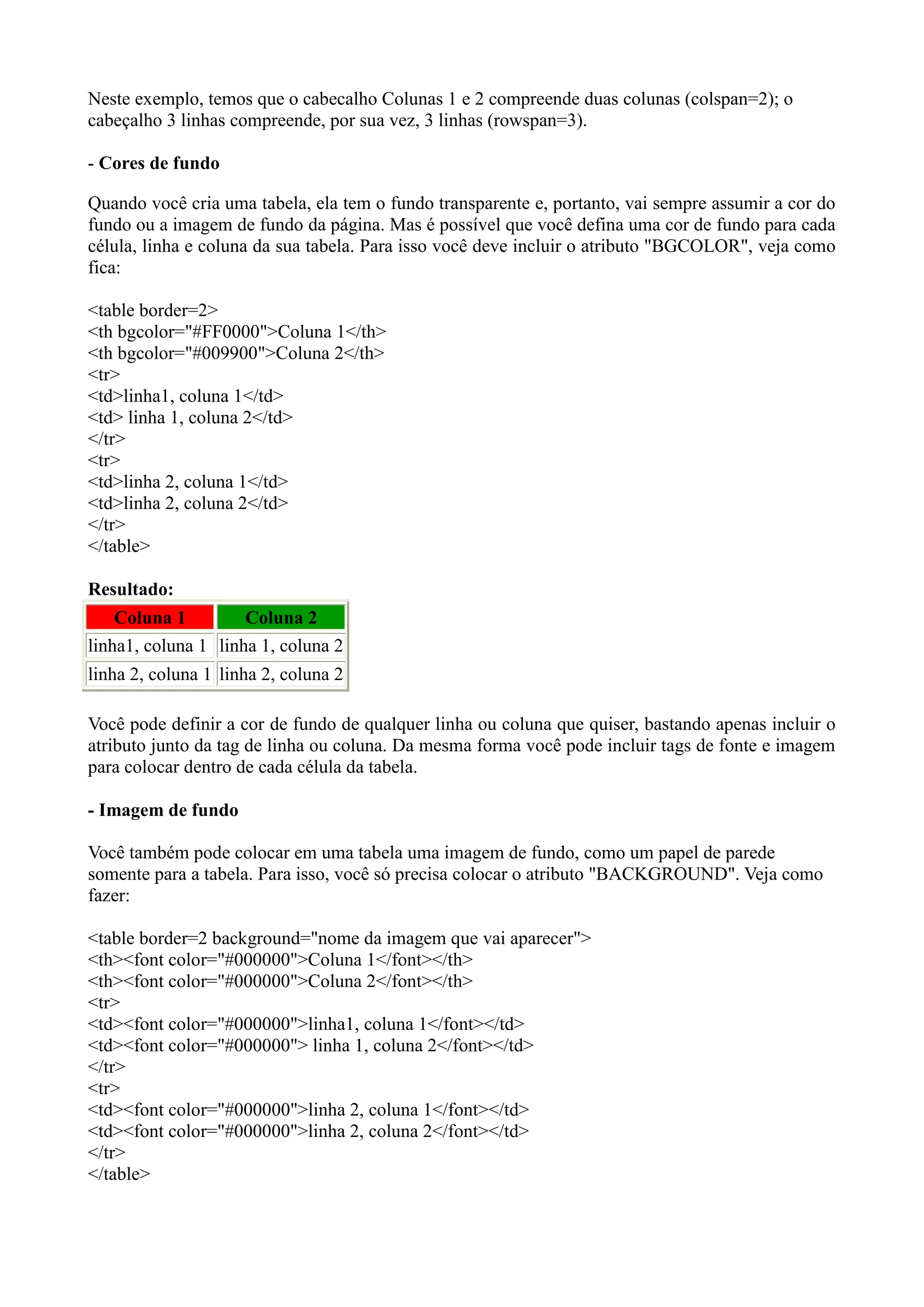Neste exemplo, temos que o cabecalho Colunas 1 e 2 compreende duas colunas (colspan=2); o
cabeçalho 3 linhas compreende, por sua vez, 3 linhas (rowspan=3).
- Cores de fundo
Quando você cria uma tabela, ela tem o fundo transparente e, portanto, vai sempre assumir a cor do
fundo ou a imagem de fundo da página. Mas é possível que você defina uma cor de fundo para cada
célula, linha e coluna da sua tabela. Para isso você deve incluir o atributo "BGCOLOR", veja como
fica:
<table border=2>
<th bgcolor="#FF0000">Coluna 1</th>
<th bgcolor="#009900">Coluna 2</th>
<tr>
<td>linha1, coluna 1</td>
<td> linha 1, coluna 2</td>
</tr>
<tr>
<td>linha 2, coluna 1</td>
<td>linha 2, coluna 2</td>
</tr>
</table>
Resultado:
Coluna 1 Coluna 2
linha1, coluna 1 linha 1, coluna 2
linha 2, coluna 1 linha 2, coluna 2
Você pode definir a cor de fundo de qualquer linha ou coluna que quiser, bastando apenas incluir o
atributo junto da tag de linha ou coluna. Da mesma forma você pode incluir tags de fonte e imagem
para colocar dentro de cada célula da tabela.
- Imagem de fundo
Você também pode colocar em uma tabela uma imagem de fundo, como um papel de parede
somente para a tabela. Para isso, você só precisa colocar o atributo "BACKGROUND". Veja como
fazer:
<table border=2 background="nome da imagem que vai aparecer">
<th><font color="#000000">Coluna 1</font></th>
<th><font color="#000000">Coluna 2</font></th>
<tr>
<td><font color="#000000">linha1, coluna 1</font></td>
<td><font color="#000000"> linha 1, coluna 2</font></td>
</tr>
<tr>
<td><font color="#000000">linha 2, coluna 1</font></td>
<td><font color="#000000">linha 2, coluna 2</font></td>
</tr>
</table>
 