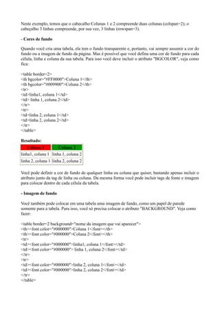 Neste exemplo, temos que o cabecalho Colunas 1 e 2 compreende duas colunas (colspan=2); o
cabeçalho 3 linhas compreende, por sua vez, 3 linhas (rowspan=3).
- Cores de fundo
Quando você cria uma tabela, ela tem o fundo transparente e, portanto, vai sempre assumir a cor do
fundo ou a imagem de fundo da página. Mas é possível que você defina uma cor de fundo para cada
célula, linha e coluna da sua tabela. Para isso você deve incluir o atributo "BGCOLOR", veja como
fica:
<table border=2>
<th bgcolor="#FF0000">Coluna 1</th>
<th bgcolor="#009900">Coluna 2</th>
<tr>
<td>linha1, coluna 1</td>
<td> linha 1, coluna 2</td>
</tr>
<tr>
<td>linha 2, coluna 1</td>
<td>linha 2, coluna 2</td>
</tr>
</table>
Resultado:
Coluna 1 Coluna 2
linha1, coluna 1 linha 1, coluna 2
linha 2, coluna 1 linha 2, coluna 2
Você pode definir a cor de fundo de qualquer linha ou coluna que quiser, bastando apenas incluir o
atributo junto da tag de linha ou coluna. Da mesma forma você pode incluir tags de fonte e imagem
para colocar dentro de cada célula da tabela.
- Imagem de fundo
Você também pode colocar em uma tabela uma imagem de fundo, como um papel de parede
somente para a tabela. Para isso, você só precisa colocar o atributo "BACKGROUND". Veja como
fazer:
<table border=2 background="nome da imagem que vai aparecer">
<th><font color="#000000">Coluna 1</font></th>
<th><font color="#000000">Coluna 2</font></th>
<tr>
<td><font color="#000000">linha1, coluna 1</font></td>
<td><font color="#000000"> linha 1, coluna 2</font></td>
</tr>
<tr>
<td><font color="#000000">linha 2, coluna 1</font></td>
<td><font color="#000000">linha 2, coluna 2</font></td>
</tr>
</table>
 
