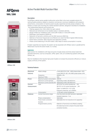 AFQevo
AFQevo 100
AFQevo 200
100 / 200
AFQevo Active Multi-Function Filter
Active Parallel Multi-Function Filter
Description
The AFQevo cabinet series parallel multifunction active filter is the most complete solution for
solving Quality problems related to industrial, commercial or services installations with presence
of harmonics, consumption of reactive power (usually capacitive) and also phase unbalance. This
AFQevo is meant rack mounting into market standard cabinets, designed to facilitate its installation.
The implemented features and functions are:
— Filtering capacity from 100 to 200 A for each cabinet.
— Reduced rack dimensions to be installed easily in standard cabinets.
— Range of filters for installations with 3 wires (3W model) or 4 wires (4W model).
— Multirange, dual frequency (50/60 Hz)
— Reduction of harmonic currents up to the 50th harmonic (2500 Hz).
— Selection of harmonic frequencies to be filtered so to reach the filter’s highest effectiveness.
— Power factor correction. Both inductive and capacitive currents.
— Phase current balancing. In the 4W model, it also helps to reduce consumption in neutral.
If higher capacities are required, the system can be expanded with AFQevo racks in parallel (all the
filters/racks must be the same model, 3 o 4 wires).
Application
Ideal solution for installations with large amounts of single-phase and three-phase loads that
generate harmonics, such as computers, UPSs, lights’ units, air-conditioning systems with phase
shifters, etc.
Also for installations that requires high power Quality to increase the production efficiency or reduce
supply continuity of the system.
Technical features
Electrical
features
Rated voltage 4-wire (4W) 3P+N: 230…400V phase-phase ±10%
3-wire (3W) 3P: 400 -440-480V phase-phase ±10%
Frequency 50/60Hz ± 5%
Maximum THDv 25%
Power Maximum power consumption 3500 W
Maximum current (phase) Depending model, 100-200 Arms
Maximum current (neutral) 4W Depending model, 300-600 Arms
Current
measurement
Type 4W: 3P+N: 3x current transformer …/5A
3W: 3P: 3 or 2x current transformer …/5A
Class 1 or better (0.5 – 0.2- 0.2S)
Frequency response, up to 2500Hz
Consumption 1.5 VA each current transformer
Features Current harmonics range From the 2nd to the 50th harmonic, selectable
transient response <1 ms
Phase compensation Selectable
Power factor correction
function
Selectable from 0.5 inductive to 0.5 capacitive
Programmation priority Selection of harmonics to be filtered, enabling
the balancing function amps/or the power factor
correction function.
13
 