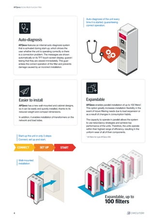 AFQevo Active Multi-Function Filter
Auto-diagnosis
AFQevo features an internal auto-diagnosis system
that is activated during start-up, which shows the
user whether the unit is operating correctly or there
is a connection problem. The messages are shown
automatically on its TFT touch-screen display, guaran-
teeing that they are viewed immediately. This guar-
antees the correct operation of the filter and prevents
damage caused by an incorrect installation.
Auto-diagnosis of the unit every
time it is started, guaranteeing
correct operation.
Expandable
AFQevo enables parallel installation of up to 100 filters*.
This option greatly increases installation flexibility in the
event of future filtering needs due to load expansion or
as a result of changes in consumption habits.
The capacity to operate in parallel allows the system
to use redundancy strategies and achieve top
performance of the units. Therefore, the units operate
within their highest range of efficiency, resulting in the
uniform wear of all of their components.
* 50 filters for type AFQevo 200
Easier to install
AFQevo has a new wall-mounted and cabinet designs,
so it can be easily and quickly installed, thanks to its
reduced weight and compact dimensions.
In addition, it enables installation of transformers on the
network and load sides.
CONNECT SET UP START
Start-up the unit in only 3 steps: 	
Connect, set up and start.
Wall-mounted 		
installation
100 filters
Expandable, up to
4
 