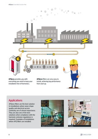 AFQevo Active Multi-Function Filter
Applications
AFQevo filters are the best solution
in installations where wave shape
quality and electrical service
continuity are of utmost importance.
They are also one of the best
solutions when compliance with the
harmonic emission regulations is
required. Examples of installations
where AFQ filters are installed:
HospitalsAirports and infrastructures
AFQevo filters are very easy to
install, achieving top performance
from start-up.
AFQevo provides you with
everything you need to keep your
installation free of harmonics.
8
 