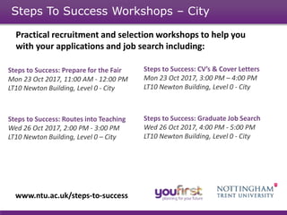 Steps To Success Workshops – City
www.ntu.ac.uk/steps-to-success
Steps to Success: Prepare for the Fair
Mon 23 Oct 2017, 11:00 AM - 12:00 PM
LT10 Newton Building, Level 0 - City
Steps to Success: Routes into Teaching
Wed 26 Oct 2017, 2:00 PM - 3:00 PM
LT10 Newton Building, Level 0 – City
Practical recruitment and selection workshops to help you
with your applications and job search including:
Steps to Success: CV’s & Cover Letters
Mon 23 Oct 2017, 3:00 PM – 4:00 PM
LT10 Newton Building, Level 0 - City
Steps to Success: Graduate Job Search
Wed 26 Oct 2017, 4:00 PM - 5:00 PM
LT10 Newton Building, Level 0 - City
 