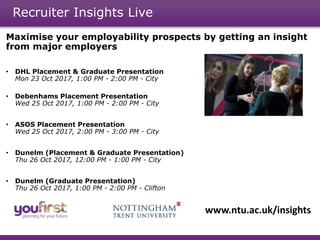 Maximise your employability prospects by getting an insight
from major employers
• DHL Placement & Graduate Presentation
Mon 23 Oct 2017, 1:00 PM - 2:00 PM - City
• Debenhams Placement Presentation
Wed 25 Oct 2017, 1:00 PM - 2:00 PM - City
• ASOS Placement Presentation
Wed 25 Oct 2017, 2:00 PM - 3:00 PM - City
• Dunelm (Placement & Graduate Presentation)
Thu 26 Oct 2017, 12:00 PM - 1:00 PM - City
• Dunelm (Graduate Presentation)
Thu 26 Oct 2017, 1:00 PM - 2:00 PM - Clifton
www.ntu.ac.uk/insights
Recruiter Insights Live
 