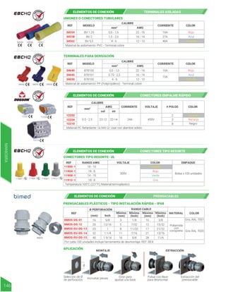 34640 34645 34650
UNIONES O CONECTORES TUBULARES
TERMINALES PARA DERIVACIÓN
Azul
Amarillo
REF MODELO
CALIBRE
COLOR
34554
34558
34562
19A
27A
48A
Rojo
AWG
mm²
CORRIENTE
BV 1.25
BV 2
0,5 - 1,5
1,5 - 2,5
4 - 6
22 - 16
16 - 14
12 - 10
BV 5,5
Material de aislamiento: PVC - Terminal cobre
Azul
Amarillo
REF MODELO
CALIBRE
COLOR
34640
34645
34650
10A
15A
Rojo
AWG
mm²
CORRIENTE
878100
878101
0,5 - 1,0
0.75 - 2,5
4 - 6
22 - 16
16 - 14
12 - 10
878100
Material de aislamiento: PP (Polipropileno) - Terminal cobre
34554 34558 34562
ELEMENTOS DE CONEXIÓN TERMINALES AISLADAS
R E T I E
R E T I E
R E T I E
R E T I E
12202 12204
12210
Naranja
Negro
Amarillo
REF
CALIBRE
COLOR
12202
12204
12210
2
3
8
AWG
sol str
mm²
CORRIENTE VOLTAJE # POLOS
22-14
22-12 24A 450V
0.5 - 2.5
Material PC Retardante UL94V-2/ Usar con alambre sólido
ELEMENTOS DE CONEXIÓN CONECTORES EMPALME RÁPIDO
REF RANGO AWG COLOR
VOLTAJE EMPAQUE
CONECTORES TIPO RESORTE- UL
11900-1
11904-1
11908-1
11912-1
18 - 10
18 - 8
14 - 10
18 - 8
300V
Amarillo
Verde
Rojo
Gris
Temperatura 105°C (221°F), Material termoplástico
Bolsa x 100 unidades
11900-1 11904-1 11908-1 11912-1
ELEMENTOS DE CONEXIÓN CONECTORES TIPO RESORTE
ELEMENTOS DE CONEXIÓN PRENSACABLES
REF
(mm) Inch
Ø PERFORACIÓN RANGO CABLE
Mínimo
(Inch)
Mínimo
(mm)
Máximo
(Inch)
Máximo
(mm)
25
20
32
40
Por cada 100 unidades incluye herramienta de desmontaje. REF. BEX
8
11
16
5
11/32
7/16
5/8
7/32
BMOS-DS-01
BMOS-DS-12
BMOS-EU-DS-13
BMOS-EU-DS-14
BMOS-EU-DS-15
16
1
13/16
1 1/4
1 9/16
5/8 3
17
21
28
12
10
1/8
21/32
13/16
11/6
15/32
3/8
MATERIAL COLOR
Gris, RAL 7001
Gris RAL 7035
Poliamida
con
coropreno
PRENSACABLES PLÁSTICOS - TIPO INSTALACIÓN RÁPIDA - IP68
APLICACIÓN
MONTAJE EXTRACCIÓN
Selección de Ø
de perforación
Incrustar piezas Extracción del
prensacable
Girar para
ajustar a la base
Pulsar con llave
para desmontar
Ø
BMOS
MANIOBRA
146
 