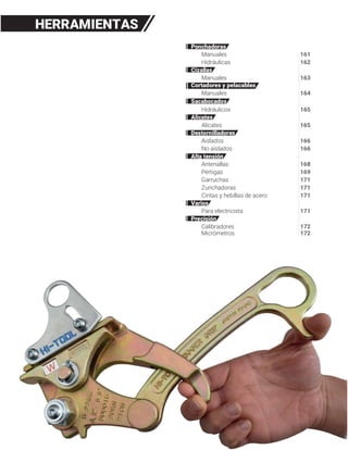 Ponchadoras
Manuales 161
Hidráulicas 162
Cizallas
Manuales 163
Cortadores y pelacables
Manuales 164
Sacabocados
Hidráulicos 165
Alicates
Alicates 165
Destornilladores
Aislados 166
No aislados 166
Alta tensión
Antenallas 168
Pértigas 169
Garruchas 171
Zunchadoras 171
Cintas y hebillas de acero 171
Varios
Para electricista 171
Precisión
Calibradores 172
Micrómetros 172
HERRAMIENTAS
 