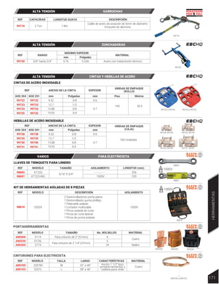 A00260
A00230
98805
98807
98810
A00100 a A00102
A00200
REF MODELO TAMAÑO AISLAMIENTO
9/16" X 3/4"
- - - - - - - -
1000V 229
LONGITUD (mm)
98805
98807
KT203
KT223-INS
206
REF MODELO TAMAÑO
Para cinturón de 2” (51mm)
Para cinturón de 2 1/4” (57mm)
Nailon
MATERIAL
No. BOLSILLOS
A00200
A00230
A00260
5119
5719
5125L
Cuero
5
18
4
REF MODELO TALLA LARGO MATERIAL
CARACTERÍSTICAS
A00100
A00102
5207M
5207L
M
L
32” a 40”
38” a 46”
Cuero
Ancho 1 1/2” lazo
portaherramientas y
cadena para cinta
LLAVES DE TRINQUETE PARA LINIERO
REF MODELO DESCRIPCIÓN AISLAMIENTO
1000V
98810 33529
2 Destornilladores punta plana
1 Destornillador punta phillips
1 Pelacable aislado
1 Cortador multicable
1 Pinza aislada de corte
1 Pinza de corte lateral
1 Pinza de punta aislada
KIT DE HERRAMIENTAS AISLADAS DE 8 PIEZAS
1000V
1000V
PORTAHERRAMIENTAS
CINTURONES PARA ELECTRICISTA
HEBILLAS DE ACERO INOXIDABLE
REF
mm mm
Pulgadas
ANCHO DE LA CINTA ESPESOR
99728
99729
99730
99731
99738
99739
99740
99741
3/8 0.6
100 Unidades
0.7
1/2
5/8
3/4
9.52
12.7
15.88
19.05 99731, 99741
99730, 99740
99729, 99739
99728, 99738
CINTAS DE ACERO INOXIDABLE
REF
AISI 304 AISI 201
AISI 304 AISI 201
mm mm
Pulgadas
ANCHO DE LA CINTA
UNIDAD DE EMPAQUE
(ROLLO)
UNIDAD DE EMPAQUE
(CAJA)
ESPESOR
Pies Metros
99722
99723
99724
99725
99732
99733
99734
99735
3/8 0.6
100 30.5
0.7
1/2
5/8
3/4
9.52
12.7
15.88
19.05
99722 a 99725 99732 a 99735
ALTA TENSIÓN CINTAS Y HEBILLAS DE ACERO
VARIOS PARA ELECTRICISTA
REF RANGO
MÁXIMO ESPESOR
mm Pulgadas
MATERIAL
99720 Acero con tratamiento térmico
3/8" hasta 3/4" 0.76 0.030
99720
ALTA TENSIÓN ZUNCHADORAS
99710
REF CAPACIDAD LONGITUD GUAYA DESCRIPCIÓN
99710 1.8m
2 Ton
Cable de acero de aviación de 5mm de diámetro
trinquete de aluminio
ALTA TENSIÓN GARRUCHAS
171
HERRAMIENTAS
 