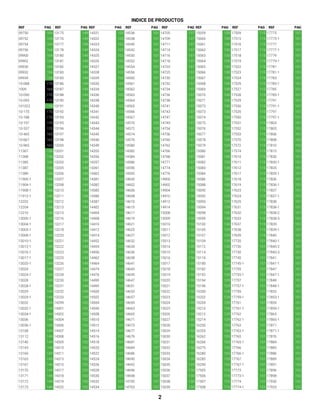 REF PAG REF PAG REF PAG REF PAG REF PAG REF PAG REF PAG REF PAG
INDICE DE PRODUCTOS
09750 104 13175 149 14321 102 14536 101 14705 137 15059 130 17509 115 17775 151
09752 104 13176 149 14322 102 14538 101 14709 137 15060 130 17515 115 17775-1 151
09754 104 13177 149 14323 102 14540 101 14711 137 15061 130 17516 115 17777 151
09756 104 13178 149 14324 102 14542 101 14714 137 15062 130 17517 115 17777-1 151
09900 104 13180 149 14325 102 14550 101 14716 137 15063 130 17518 115 17779 151
09902 104 13181 149 14326 102 14552 101 14718 137 15064 130 17519 115 17779-1 151
09930 104 13182 149 14327 102 14554 101 14723 137 15065 130 17522 115 17781 151
09932 104 13183 149 14328 102 14556 101 14725 137 15066 130 17523 115 17781-1 151
09934 104 13185 149 14329 102 14560 101 14730 137 15067 130 17524 115 17783 151
10-088 170 13186 149 14330 102 14561 101 14732 137 15068 130 17525 115 17783-1 151
1009 164 13187 149 14334 102 14562 101 14734 137 15069 130 17527 113 17785 151
10-090 170 13188 149 14336 102 14563 101 14736 137 15070 130 17528 113 17785-1 151
10-093 170 13190 149 14338 102 14564 101 14738 137 15071 130 17529 113 17791 151
101022 135 13191 149 14340 102 14565 101 14741 137 15072 130 17530 113 17791-1 151
10-170 170 13192 149 14341 102 14566 101 14743 137 15073 130 17535 115 17797 151
10-188 170 13193 149 14342 102 14567 101 14747 137 15074 130 17550 115 17797-1 151
10-197 170 13195 149 14343 102 14570 102 14749 137 15075 129 17551 115 17803 151
10-337 170 13196 149 14344 102 14572 102 14754 137 15076 130 17552 115 17805 151
10-465 163 13197 149 14345 102 14574 102 14756 137 15077 129 17553 115 17806 151
10-667 163 13198 149 14346 102 14576 102 14760 137 15078 130 17570 115 17808 152
10-965 163 13200 149 14349 102 14580 102 14762 137 15079 129 17572 115 17810 152
11367 156 13201 149 14355 103 14582 102 14766 137 15080 129 17574 115 17815 152
11368 156 13202 149 14356 103 14584 102 14768 137 15081 130 17610 115 17830 151
11385 106 13203 149 14357 103 14586 102 14771 137 15082 129 17611 115 17830-1 151
11387 106 13205 149 14361 103 14590 102 14774 137 15083 130 17612 115 17835 151
11389 106 13206 149 14362 103 14592 102 14776 137 15084 129 17617 115 17835-1 151
11900-1 146 13207 149 14381 103 14600 137 14900 130 15086 130 17618 115 17836 151
11904-1 146 13208 149 14382 103 14602 137 14902 130 15088 130 17619 115 17836-1 151
11908-1 146 13210 149 14385 103 14606 137 14904 130 15090 130 17623 115 17837 151
11912-1 146 13211 149 14386 103 14608 137 14910 130 15092 129 17624 115 17837-1 151
12202 146 13212 149 14387 103 14610 137 14912 130 15093 129 17625 115 17838 151
12204 146 13213 149 14402 103 14615 137 14914 130 15094 129 17631 115 17838-1 151
12210 146 13215 149 14404 103 14617 137 15008 130 15098 130 17632 115 17838-2 151
13000-1 149 13216 149 14408 103 14619 137 15009 130 15099 130 17633 115 17838-3 151
13004-1 149 13217 149 14410 103 14621 137 15010 130 15100 130 17637 115 17839 151
13005-1 149 13218 149 14412 103 14625 137 15011 130 15105 129 17638 115 17839-1 151
13008-1 149 13220 149 14414 103 14627 137 15012 130 15107 129 17639 115 17840 151
13010-1 149 13221 149 14452 103 14632 137 15013 130 15109 129 17720 151 17840-1 151
13012-1 149 13222 149 14454 103 14634 137 15014 130 15112 130 17726 151 17840-2 151
13016-1 149 13223 149 14456 103 14636 137 15015 130 15114 130 17730 151 17840-3 151
13017-1 149 13225 149 14462 103 14638 137 15016 130 15116 130 17745 151 17841 151
13020-1 149 13226 149 14464 103 14641 137 15017 130 15180 129 17745-1 151 17841-1 151
13024 149 13227 149 14474 103 14643 137 15018 130 15182 129 17755 151 17847 151
13024-1 149 13228 149 14476 103 14645 137 15019 130 15192 129 17755-1 151 17847-1 151
13028 149 13230 149 14490 103 14647 137 15020 130 15194 129 17757 151 17848 151
13028-1 149 13231 149 14495 103 14651 137 15021 130 15196 129 17757-1 151 17848-1 151
13029 149 13232 149 14500 101 14653 137 15022 130 15200 129 17759 151 17853 151
13029-1 149 13233 149 14502 101 14657 137 15023 130 15202 129 17759-1 151 17853-1 151
13032 149 14299 102 14504 101 14659 137 15024 130 15204 129 17761 151 17859 151
13032-1 149 14301 102 14506 101 14663 137 15025 130 15210 129 17761-1 151 17859-1 151
13034-1 149 14302 102 14508 101 14665 137 15026 130 15212 129 17762 151 17865 151
13036 149 14304 102 14510 101 14671 137 15027 130 15214 129 17762-1 151 17865-1 151
13036-1 149 14306 102 14512 101 14673 137 15028 130 16250 153 17763 151 17871 151
13108 149 14307 102 14514 101 14677 137 15029 130 16253 153 17763-1 151 17871-1 151
13112 149 14308 102 14516 101 14679 137 15030 130 16262 153 17765 151 17876 151
13140 149 14309 102 14518 101 14681 137 15031 130 16266 153 17765-1 151 17884 151
13143 149 14310 102 14520 101 14684 137 15032 130 16275 153 17766 151 17885 151
13160 149 14311 102 14522 101 14686 137 15033 130 16280 153 17766-1 151 17886 151
13163 149 14313 102 14524 101 14690 137 15034 130 16285 153 17767 151 17889 152
13167 149 14315 102 14526 101 14692 137 15035 130 16290 153 17767-1 151 17891 152
13170 149 14317 102 14528 101 14696 137 15036 130 17505 115 17773 151 17896 152
13171 149 14318 102 14530 101 14698 137 15037 130 17506 115 17773-1 151 17898 152
13172 149 14319 102 14532 101 14700 137 15038 130 17507 115 17774 151 17930 152
13173 149 14320 102 14534 101 14703 137 15039 130 17508 115 17774-1 151 17933 152
2
 