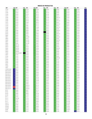 REF PAG REF PAG REF PAG REF PAG REF PAG REF PAG REF PAG REF PAG
INDICE DE PRODUCTOS
17934 152 20310 114 25753 116 29205 128 34094 155 34582 145 35789 139 42302 29
17937 152 20315 114 25755 116 29301 127 34121 147 34590 145 35790 139 42306 29
17939 152 20320 114 25757 116 29310 127 34129 147 34595 145 35793 139 42314 29
17945 152 20330 114 25759 116 29315 127 34136 147 34600 145 35794 139 42320 29
17947 152 20335 114 25761 116 29320 127 34142 147 34610 144 35795 139 42330 33
17960 152 20340 114 25774 116 29325 127 34148 147 34610-2 144 35796 139 42332 33
17964 152 20350 114 25776 116 30301 127 34170 147 34613 144 35797 139 42340 29
17968 152 20353 114 25778 116 30305 127 34172 147 34613-2 144 35798 139 42342 29
17972 152 20356 114 25780 116 30310 127 34174 147 34616 144 35800 138 42344 29
17974 152 20365 114 25791 117 30315 127 34176 147 34616-2 144 35805 138 42346 29
17976 152 20367 114 25891 117 31127 128 34210 148 34619 144 35810 138 42350 30
17980 152 20375 114 25892 117 31408 128 34213 148 34619-2 144 35815 138 42353 30
17982 152 20377 114 25893 117 31457 128 34216 148 34620 144 35820 138 42356 30
17987 152 20385 114 25894 117 31488 128 34219 148 34620-2 144 35825 138 42358 30
18700 113 20400 114 25896 117 32614 167 34222 148 34622 144 35827 141 42360 30
18702 113 20405 114 25920 117 33460 154 34240 148 34622-2 144 35829 141 42362 32
18800 113 20420 115 25922 117 33470 154 34242 148 34623 144 35833 141 42365 31
18801 113 20422 115 259538 132 33490 154 34244 148 34623-2 144 35835 141 42368 31
18803 113 20424 115 26100 116 33492 154 34400 143 34625 144 35852 141 42370 33
18900 113 20438 115 261432 136 33493 154 34402 143 34625-2 144 35855 141 42396 32
18901 113 20440 115 261435 136 33494 154 34403 143 34628 145 35862 141 42398 32
18903 113 20442 115 261445 136 33497 154 34404 143 34630 145 35865 141 42400 32
18905 113 208104 117 26231 116 33503 154 34414 143 34632 145 35885 141 42405 32
18910 113 208323 117 26234 116 33504 154 34416 143 34634 145 35889 141 42408 32
18920 113 208324 117 26238 116 33506 154 34418 143 346350 132 36160 142 42410 33
18922 113 208633 117 26330 117 33507 154 34420 143 34636 145 36162 142 42412 33
18924 113 208634 117 26333 117 33520 154 34430 143 34638 145 36164 142 42414 33
19000 113 20KN-W-GRIP 168 26336 117 33522 154 34432 143 34640 146 36166 142 42416 33
19001 113 21020 126 26339 117 33523 154 34434 143 34645 146 36168 142 42418 30
19100 113 21022 126 26348 118 33524 154 34436 143 34650 146 36170 142 42420 32
19101 113 21024 126 26350 118 33526 154 34438 143 349538 132 36174 142 42432 31
19200 113 21026 126 26352 118 33527 154 34444 144 35101 148 36176 142 42440 31
19202 113 21028 126 26370 118 33550 154 34450 144 35150 148 36178 142 42442 31
19300 113 21030 126 26373 118 33552 154 34456 144 35160 148 36208 138 42445 31
19301 113 21032 126 26376 118 33553 154 34466 144 35202 148 36212 142 42450 31
19400 113 21034 126 26379 118 33560 154 34468 144 35204 148 36214 142 42453 31
19401 113 22000 125 26388 118 33562 154 34470 144 35252 148 36900 109 42458 31
1CD00122AC 39 22610 125 26390 118 33570 154 34472 144 35254 148 36915 109 42490 30
2000.00.608 24 22946 123 26394 118 33572 154 34482 144 35301 148 36935 109 42491 30
2000.00.609 24 22948 123 26410 118 33650 154 34484 144 35304 148 37410 143 42493 30
2000.00.619 24 22950 123 26412 118 33655 154 34486 144 35381 148 37424 143 42494 30
2000.00.620 24 22952 123 26414 118 33657 154 34488 144 35500 148 37428 143 42495 30
2000.00.621 24 22954 124 26418 118 33704 155 34498 144 35508 148 37430 143 42496 30
2000.00.622 24 22956 124 26420 118 33706 155 34500 144 35510 148 37432 143 42510 29
2000.00.623 24 22958 124 26423 118 33708 155 34501 144 35560 148 37434 143 42511 29
2000.00.624 24 22960 124 26428 118 33710 155 34502 144 35562 148 37436 143 42513 29
2000.00.625 24 23122 143 26430 118 33712 155 34504 144 35564 148 410126 132 42514 29
2000.00.626 24 23123 143 26503-2 117 33714 155 34514 144 35568 148 410136 132 42515 29
2000.35.013 73 23150 114 26504-1 117 33715 155 34520 144 35570 148 410137 132 42516 29
2000.43.107 27 23155 114 26504-2 117 33717 155 34526 144 35574 148 410139 132 42517 29
20101 113 24680 116 26661 116 33719 155 34534 145 35576 148 410146 132 42519 29
20102 113 24683 116 26662 116 33721 155 34536 145 35578 148 410149 132 42520 29
20103 113 24685 116 26663 116 33728 155 34538 145 35580 148 410224 132 42530 29
20104 113 24700 115 27105 128 33730 155 34544 145 35590 148 410226 132 42535 29
20111 114 24702 115 27127 128 33752 155 34546 145 35591 148 410236 132 42543 29
20112 114 249538 132 27130 128 34025 155 34548 145 35700 139 410237 132 42545 29
20115 115 25200 116 27140 128 34035 155 34554 146 35716 139 410239 132 42555 29
20117 115 25300 116 27170 128 34040 155 34558 146 35725 139 410246 132 42570 33
202271 135 25310 116 27240 128 34051 155 34562 146 35727 139 410249 132 42573 33
202276 135 25400 116 27255 128 34076 155 34568 145 35736 139 419021 132 42580 33
202282 135 25500 116 27260 128 34085 155 34570 145 35742 139 419022 132 42583 33
202283 135 25506 116 27270 128 34087 155 34572 145 35751 139 419023 132 42590 33
20300 114 25600 116 27275 128 34090 155 34578 145 35762 139 419024 132 42595 33
20302 114 25750 116 29203 128 34092 155 34580 145 35780 139 42300 29 42610 33
3
 