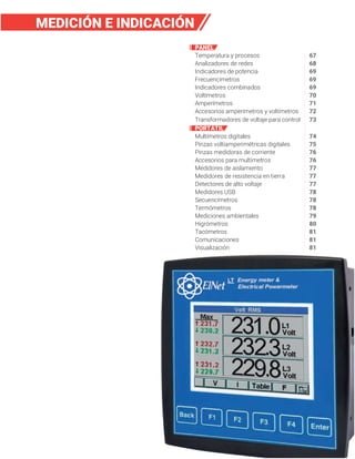 Temperatura y procesos 67
Analizadores de redes 68
Indicadores de potencia 69
Frecuencímetros 69
Indicadores combinados 69
Voltímetros 70
Amperímetros 71
Accesorios amperímetros y voltímetros 72
Multímetros digitales 74
Transformadores de voltaje para control 73
Pinzas voltiamperimétricas digitales 75
Pinzas medidoras de corriente 76
Accesorios para multímetros 76
Medidores de aislamiento 77
Medidores de resistencia en tierra 77
Detectores de alto voltaje 77
Medidores USB 78
Secuencímetros 78
Termómetros 78
Mediciones ambientales 79
Higrómetros 80
Tacómetros 81
Comunicaciones 81
Visualización 81
PANEL
PORTÁTIL
MEDICIÓN E INDICACIÓN
 