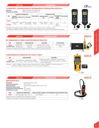 TACÓMETROS / ESTROBOSCOPICOS CON MEDICIÓN DE TEMPERATURA DIGITALES
92237 92238
REF
RANGO DE MEDICIÓN TEMPERATURA
RANGO
CON LUZ CONTACTO ESTROB.
PRECISIÓN PRECISIÓN
Pt1000
TERMOCUPLA
(K)
LECTURA
POR
INFRA.
92237
92238
Pantalla LCD 5 dígitos, Incluye: Maletín y manual, set de puntas: cónica - embudo - rueda,
tira adhesiva reflectiva (60cms) marca 3M; No incluye 4 baterías AA; conexión RS232 (requiere accesorio)
0.5~19.999
RPM
±50ºC~1300ºC
/-50º~100ºC
±(0.05%
+1díg.)
±1.2ºC
-10ºC
~70ºC -30ºC
~305ºC
- - - - - - -
5~99.999
RPM
60~30000
RPM/FPM
Última, máxima y mínima lectura
RPM, m/min, ft/min, FPM,ºC, ºF
Memoria
Unidades de medida
REF PIEZA No. DESCRIPCIÓN FUNCIÓN APLICACIÓN
96730 Generador Voz, datos, video
(VDV)
Generador de 5 Tonos
Probador de continuidad
Detector
VDV500-051
VDV500-060
VDV500-808
VDV501-823
Indicador de batería baja. Incluye: Estuche nailon, puntas de prueba, batería 9V
KIT GENERADOR DE TONOS E IDENTIFICADOR DE CIRCUITOS
96730
96740
REF DESCRIPCIÓN FUNCIÓN
96740 Comprobador y rastreador de cables
RJ11 - RJ12 - RJ45 y conector F (video)
Identifica cables - Detección cortocircuitos,
pares abiertos, inversiones, cables incorrectos
y pares separados
Incluye: 1 Juego LANMAP (unidad remota), 5 piezas RJ45, 1 juego COAXMAP, 5 conectores tipo F y
1 tipo barril, unidad remota (puerto RJ11 - RJ12 - RJ45) - batería 9V
COMPROBADOR DE CABLES DE VOZ, DATOS Y VIDEO
PORTÁTIL COMUNICACIONES
PORTÁTIL VISUALIZACIÓN
ET20
REF RANGOS DE MEDICIÓN RESOLUCIÓN CÁMARA FOTOGRAMAS POR SEGUNDO (FPS)
ET20 Cámara cuello cisne 1.8 m
Batería de litio recargable interna 2200mAh incluida
Cuenta con indicador visual de estado de la batería
640 x 480 px 25
BOROSCOPIO WI-FI
Funciones
Grado de protección
Vida util batería
Resistencia ante caidas
Temperatura funcionamiento
Requisitos de carga
Conexión Wi-Fi por APP
IP67 Cámara
5.5 Horas con salida máxima de luz LED
3m
-9°C a 60°C
5VDC a 0.4A
81
MEDICIÓN
E
INDICACIÓN
PORTÁTIL TACÓMETROS
 