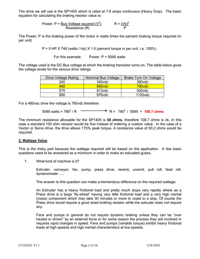 dynamic braking resistor selection calculation PDF