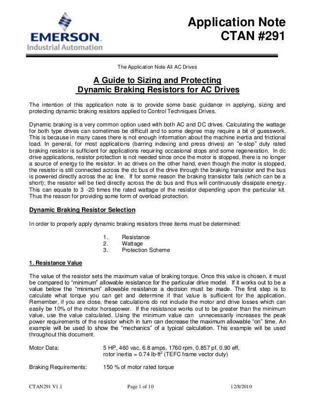 Dynamic Braking Resistor Selection Calculation