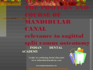 CT ANALYSIS OF
THE POSITION AND
COURSE OF
MANDIBULAR
CANAL
relevance to sagittal
split ramus osteotomy

INDIAN
ACADEMY

DENTAL

Leader in continuing dental education
www.indiandentalacademy.com
www.indiandentalacademy.com

 