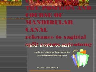 CT ANALYSIS OF
THE POSITION AND
COURSE OF
MANDIBULAR
CANAL
relevance to sagittal
split DENTAL ACADEMY
INDIAN ramus osteotomy
Leader in continuing dental education
www.indiandentalacademy.com

www.indiandentalacademy.com

 